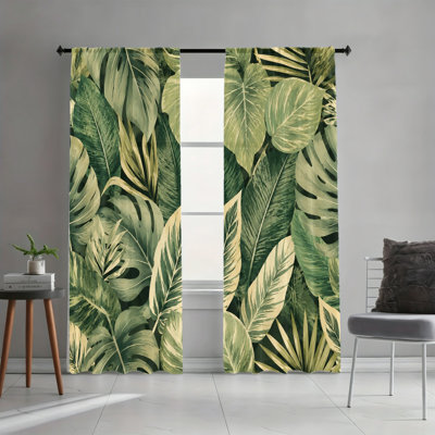 2 pièces rideaux filtrant la lumière tropicale luxuriante à motif de feuilles tropicales, rideaux bohémiens à passe-tringle botanique pour la chambre à coucher, le salon et le dortoir