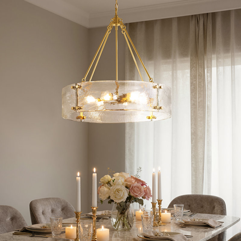 Lustre tambour 6 lumières de luxe doré à intensité variable avec verre texturé