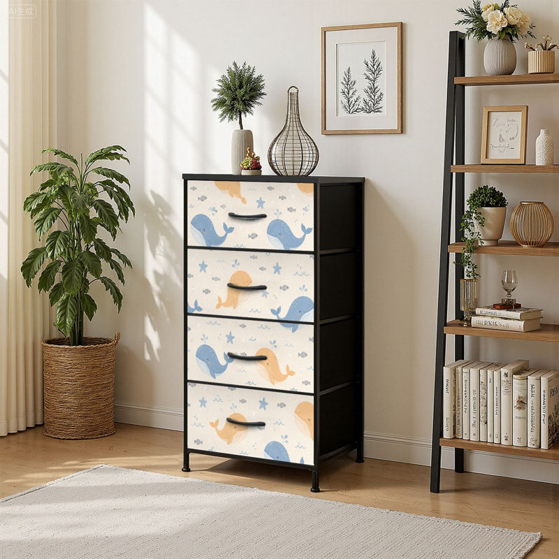 Commode de rangement verticale 4 tiroirs avec baleine bleu orange fantaisiste avec plateau en bois