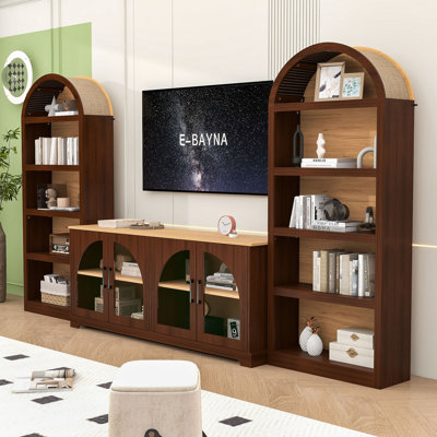 Modular 3-Piece TV Stand Set with Arched Tempered Glass Doors, Adjustable Shelves and Open Display Cabinets