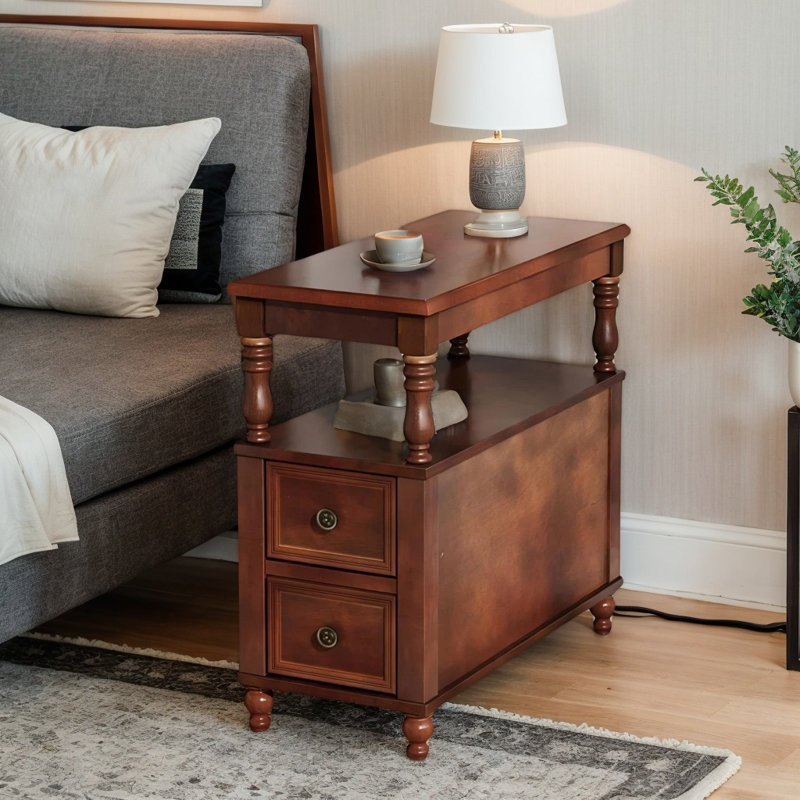 Table de bout en bois massif 23,6 po avec 2 tiroirs, petite table de chevet décorative pour le salon et la chambre à coucher