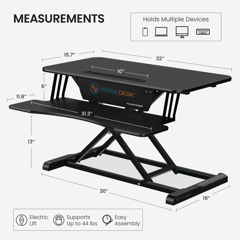 Convertisseur de bureau électrique à hauteur réglable VersaDesk PowerRiser avec port de charge USB - noir - 32 po x 24 po