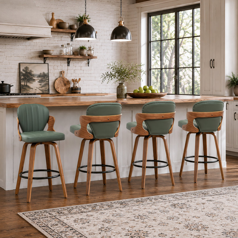 Tabourets de bar pivotants en bois et simili cuir Xaviera, Vert, Tabouret de comptoir (siège d'une hauteur de 25,7