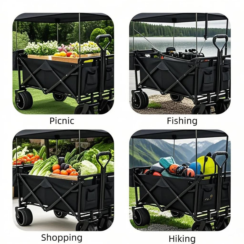 Extra Large Collapsible Wagon W/removable Canopy, 250lbs Foldable Garden Cart W/rear Storage, Big Wheel&adjustable Handles