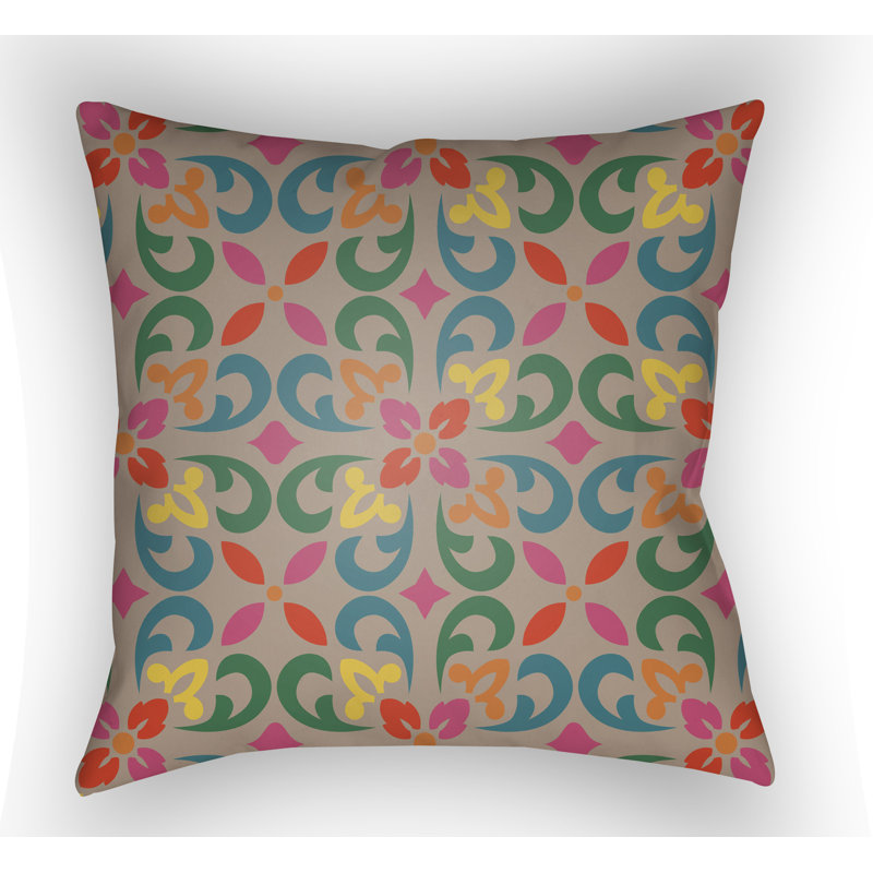 Floral Outdoor Throw Pillow, Taupe, 18" H x 18" W x 3" D