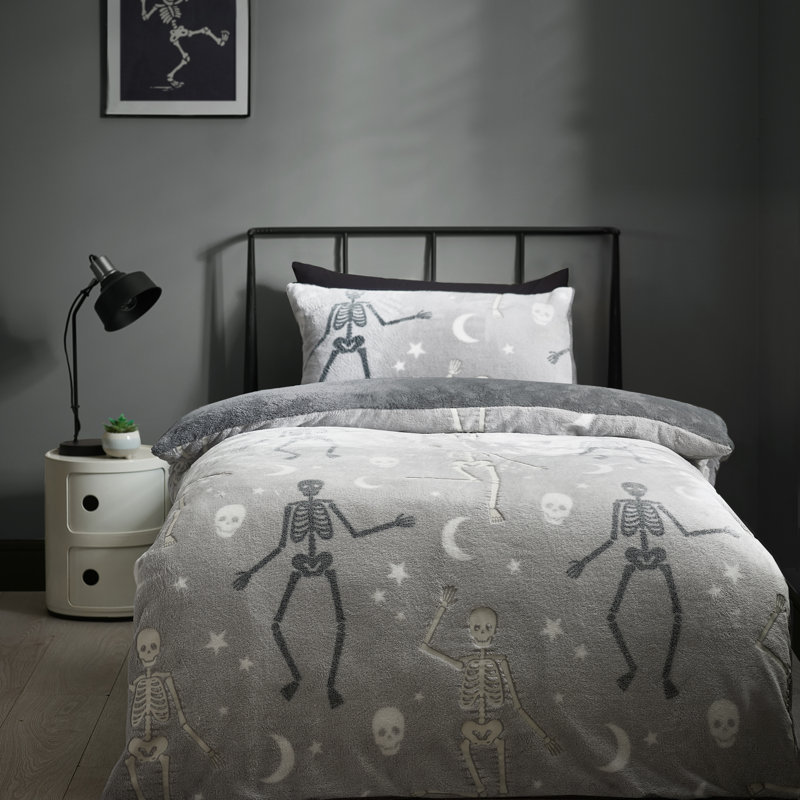 Skeleton Fleece Glow in the Dark Duvet Cover Set, Double Cover + 2 Standard Pillowcases