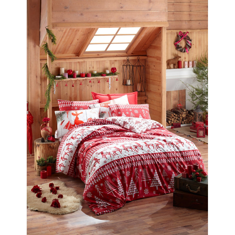 Ensemble de housse de couette 100% coton rouge / blanc Navi, Housse de couette très grand + 2 taies d'oreiller