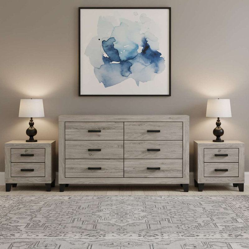 Ensemble de rangement de chambre à coucher transitionnel 3 pièces avec commode à 6 tiroirs et 2 tables de chevet au fini bois gris clair