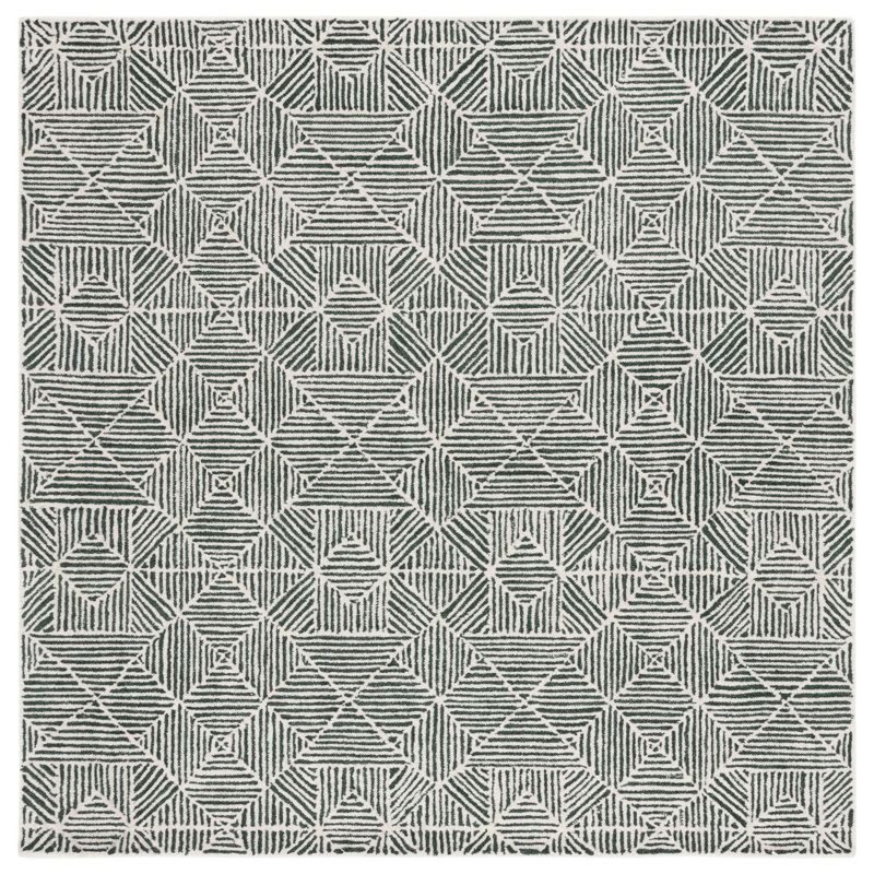 Tapis vert foncé / ivoire touffeté à la main Demetrius, Carré 4 pi