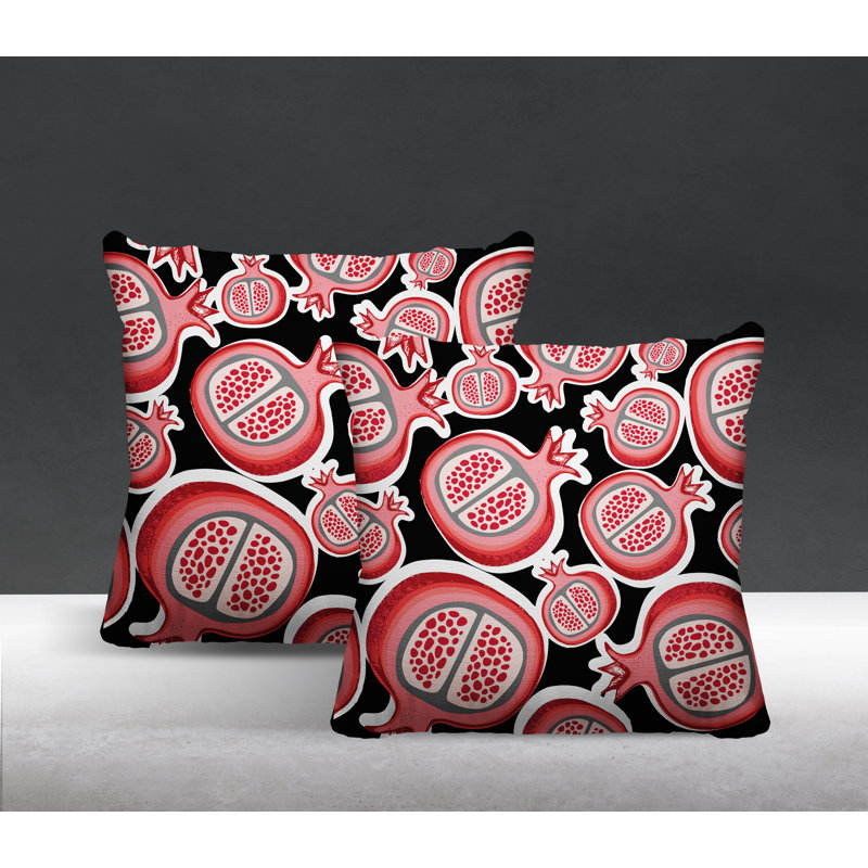 Oreiller carré intérieur / extérieur Pomme Pomegranate, L 15 po x H 15 po, Noir / rouge