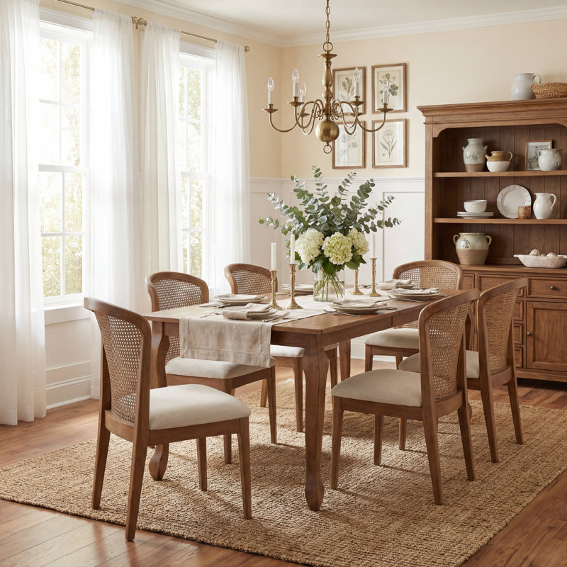 Danville 7-Piece Mid Century Modern Rubberwood Dining Table Set With Cane Chairs, Walnut