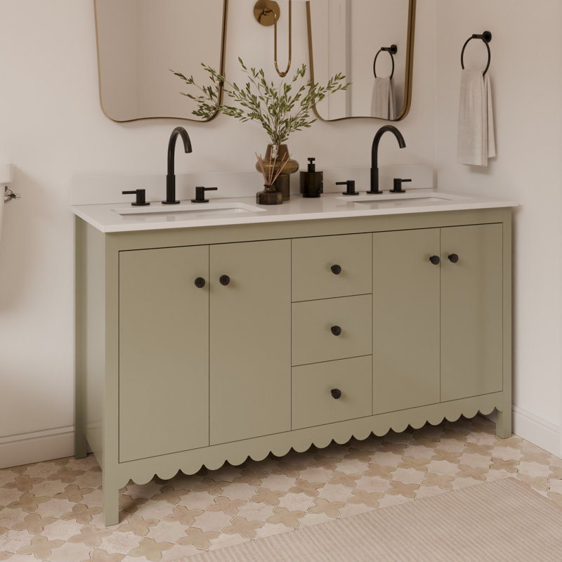 Meuble-lavabo festonné à double cuve 60 pouces - Satin olive - Avec plateau - Boutons noirs, Vert / noir mat