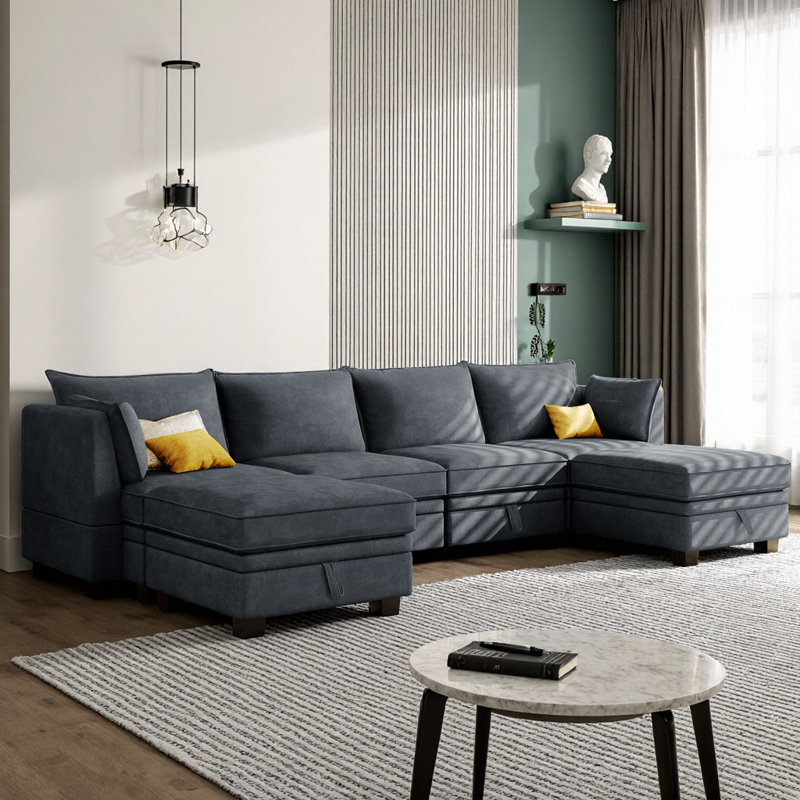 115" U-Shape Modular Sectional Sofa Bed | Light Green Linen, 6 Hidden Storage Seats + Reversible Chaise, Convertible Sleeper, 220 lb/Seat