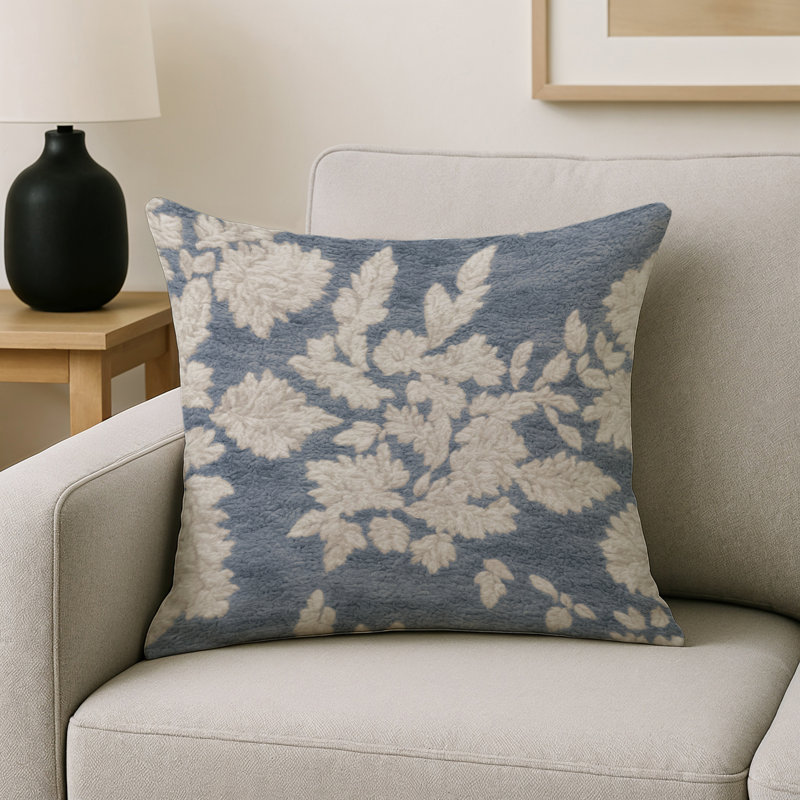 Coussin décoratif intérieur et extérieur Modern, Bleu / beige / floral ivoire, Carré 18 po