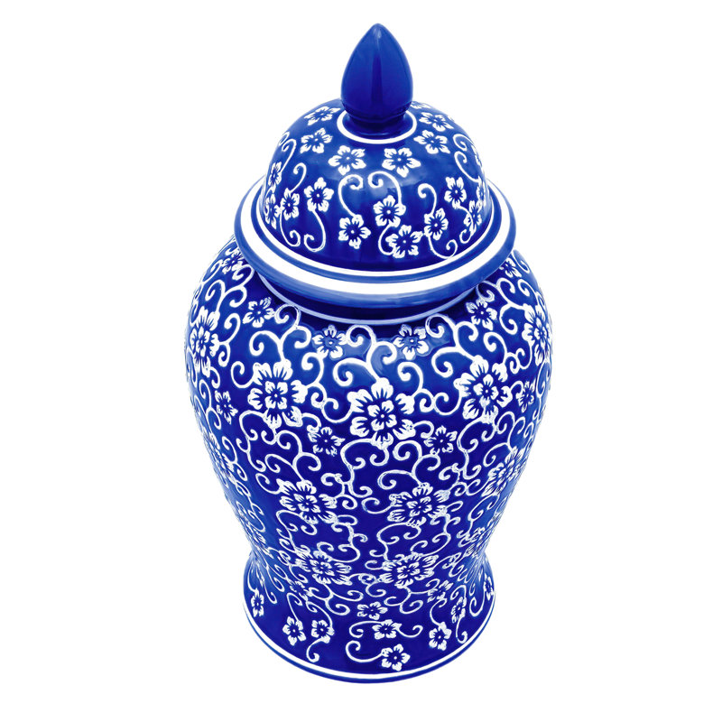Pot de temple chinois intemporel, Fleurs bleue, 18"