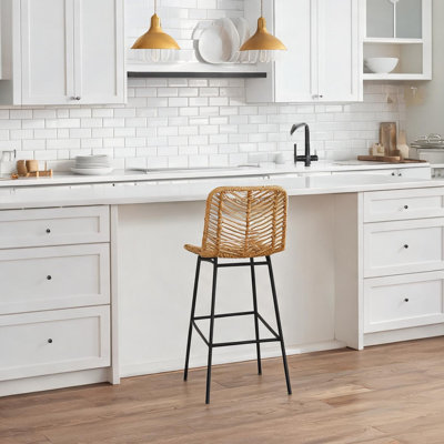 Ensemble de 4 tabourets de bar en rotin PE jaune et noir avec structure en acier massif, 42,5 cm (L) x 52 cm (P) x 102 cm (H)