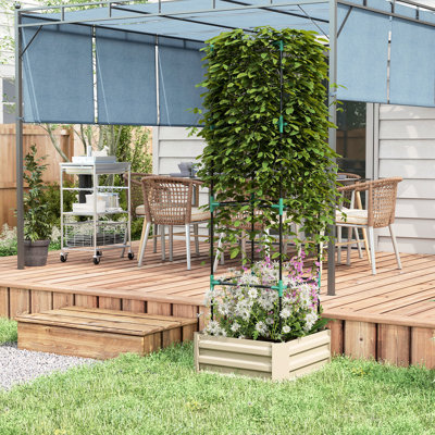 Lit de jardin surélevé crème galvanisé, 24 po x 24 po x 11,89 po, avec treillis pour plantes grimpantes, légumes, fleurs dans un patio extérieur