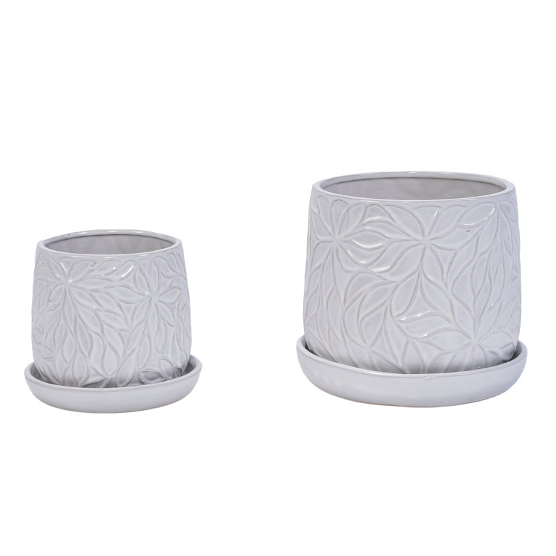 8 In., 6 In. Round Ceramic Planter Pot Set With Drainage Saucer （2 Pack),Leaf Pattern Design, Gloss White