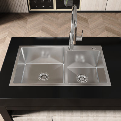 Évier de lave-vaisselle encastré 32 po x 19 po x 10 po, acier inoxydable, insonorisation, double cuve de fabrication en acier inoxydable S304, surface de décoloration, étapes d'installation facile
