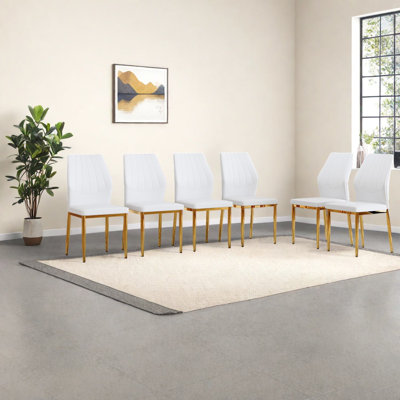 Modern Dining Chairs Set Of 6, White Pu Leather Gold Metal For Kitchen
