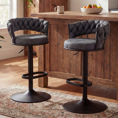 Ensemble de 2 tabourets de bar modernes en tissu de suède gris foncé capitonnés à dossier réglable avec base en métal noir à hauteur réglable et tabourets élégants pour comptoir de cuisine
