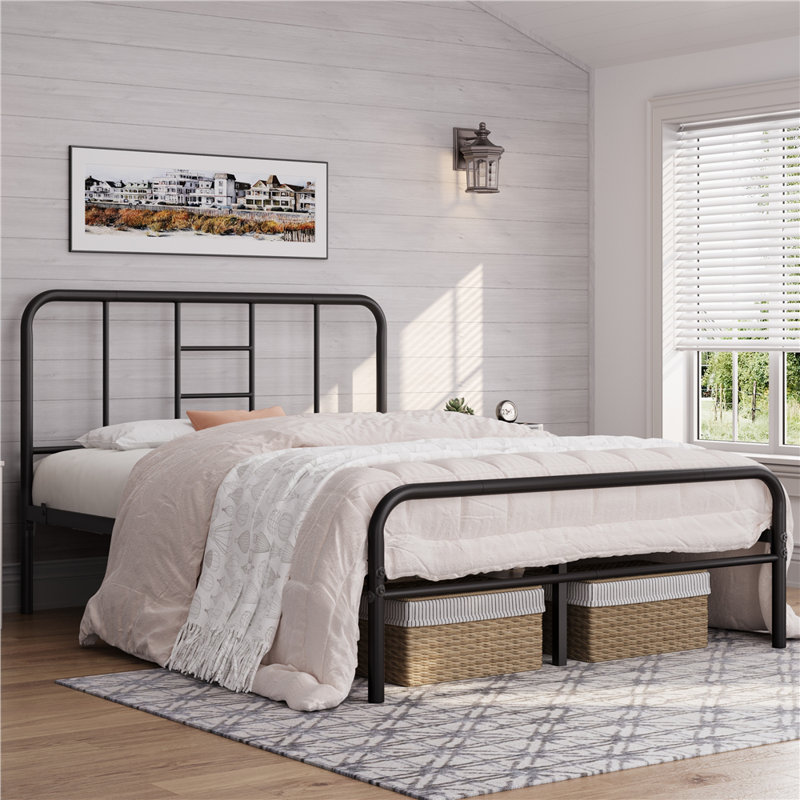 Metal-Framed Bed with High Headboard, Black, Kingsize (5')