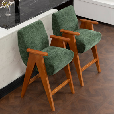 Tabouret de bar à hauteur de comptoir rembourré avec accoudoirs et pieds en bois massif