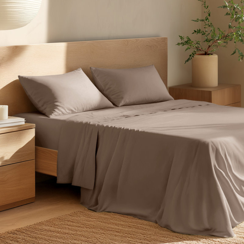 100% Cotton Percale Sheet Set, Queen Sheet Set with 2 Pillowcases, Taupe