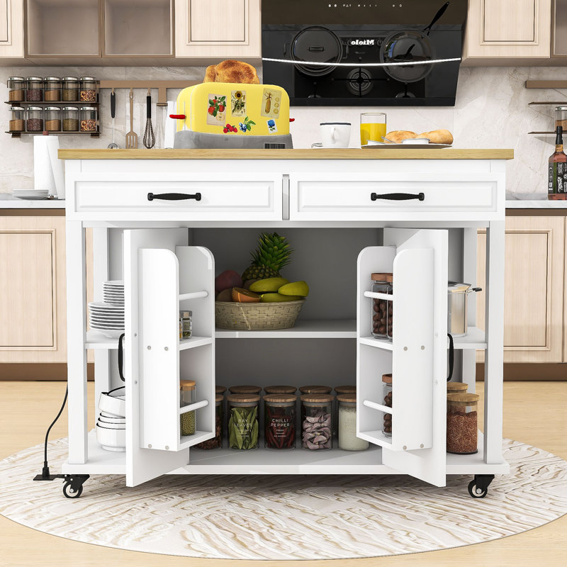 Expandable Mobile Kitchen Island Cart with Built-in Charging Station and Internal Storage, White