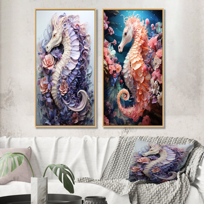 Marine Seahorse Composition - Coastal Coral Under Water Canvas Wall Art Set Of 2