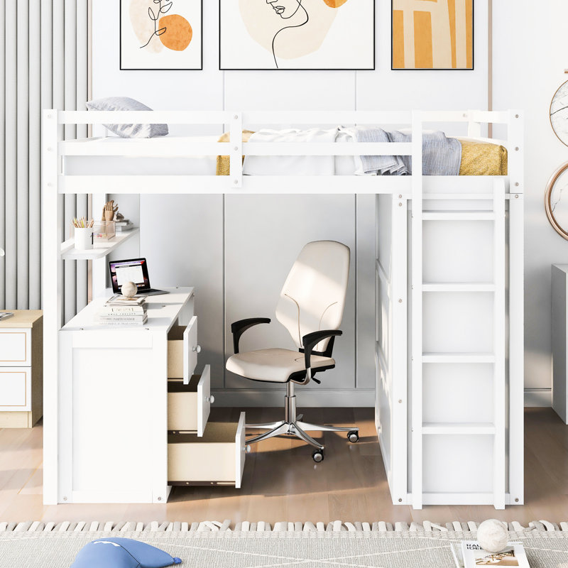 Lit mezzanine double, blanc, avec tiroirs, bureau et garde-robe - Structure en pin blanc avec instructions faciles à assembler