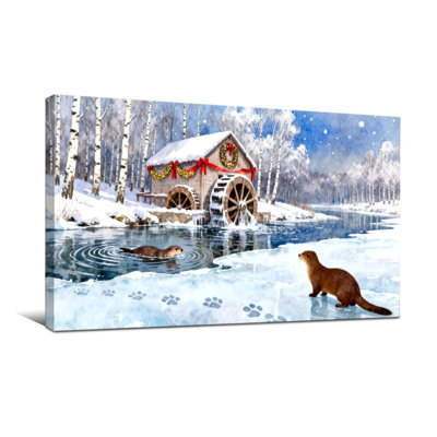 Scène de Noël d'hiver avec loutres et moulin à eau