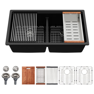 33" L x 19" W Double Bowl Rectangular Undermount Workstation Quartz Kitchen Sink Low-divider Granite Composite Sink