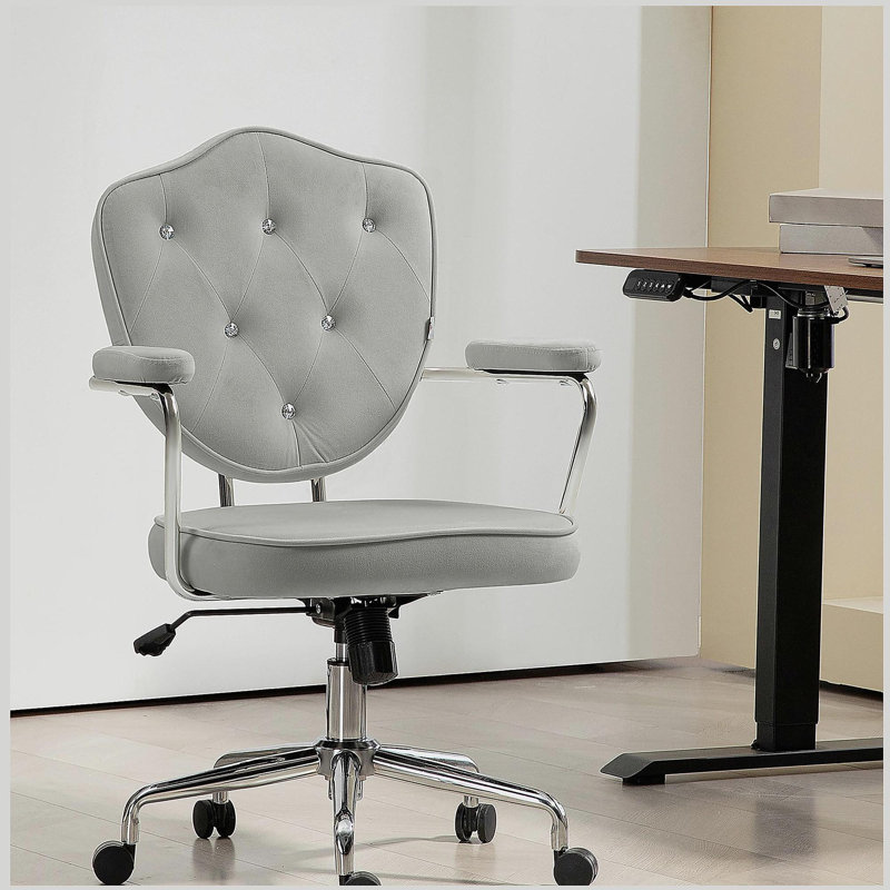 Office Chair, Computer Desk Chair with Button Tufted Velvet-Feel Fabric, Swivel Vanity Chair, Gray