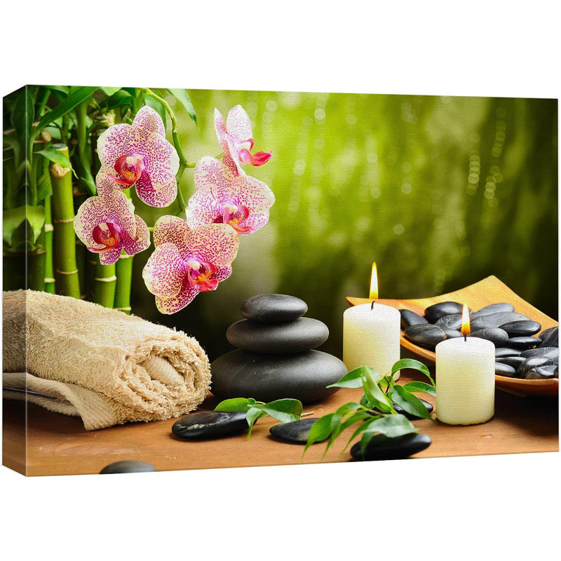 «Meditation Yoga Massage Stones», fleurs d'orchidées roses, nature sauvage sur toile, H 12 po x l 18 po x P 1,5 po