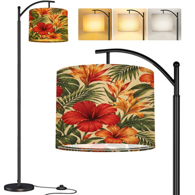  Arc Floor Lamp Tropical vintage red hibiscus strelitzia floral green palm leaves Tall Modern Standing Lamp LED Adjustable Linen Lampshade 3 Color Temperatures