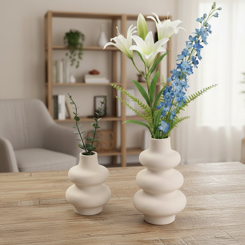 Two-Piece White Ceramic Vase Set, Modern Bohemian Style Home Décor, Versatile Living Room Dried Flower Arrangement.