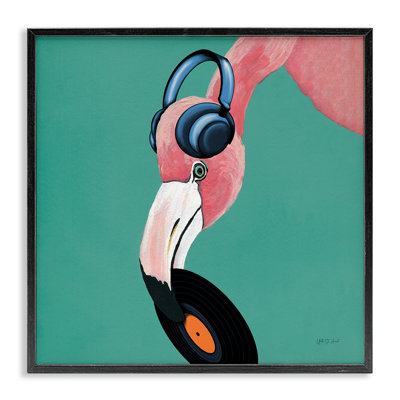 Flamant rose avec disque musical, art de la giclée par Yvette St. Amant
