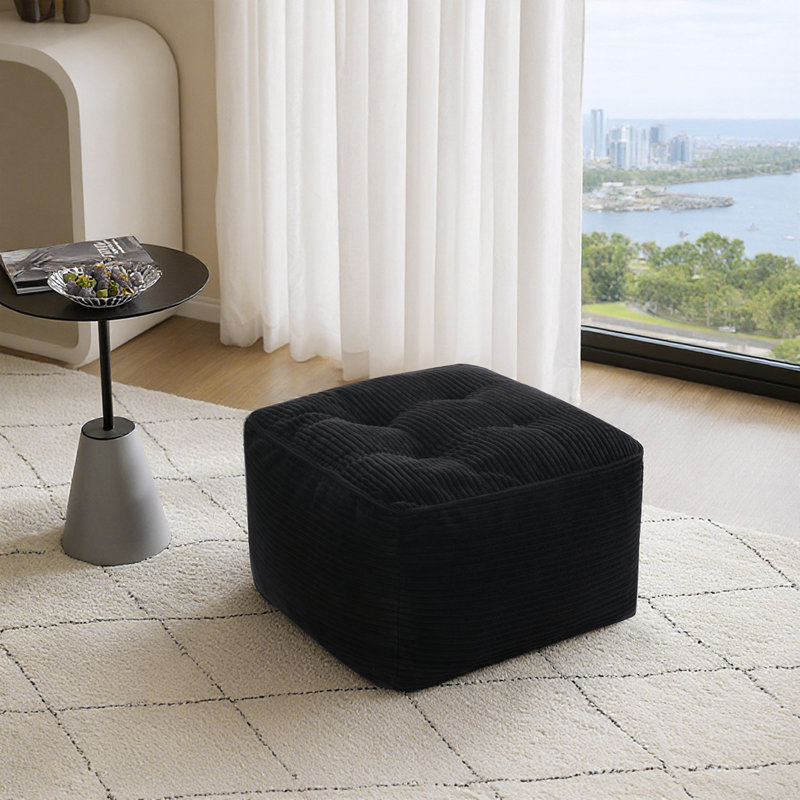 Soft And Supportive Corduroy Compression Footrest Pouf Ottoman, Black