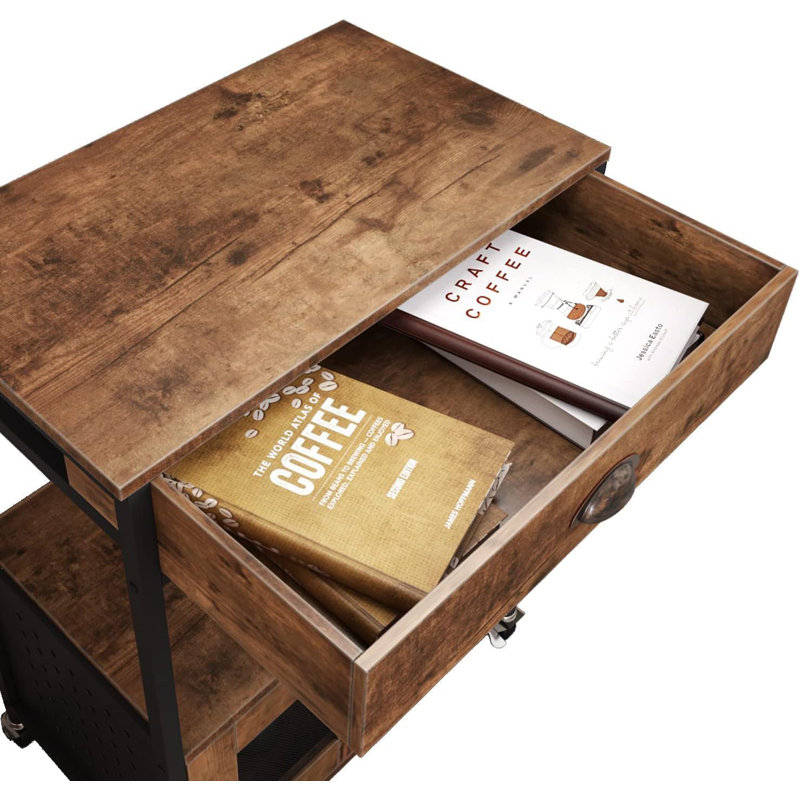 Chariot de cuisine industriel à hauteur réglable sur roulettes avec plateau en bois massif, armoire de rangement et tiroir - Îlot de cuisine mobile