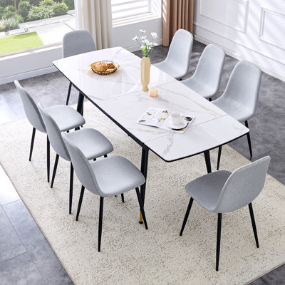 55'' - 79'' Extendable Sintered Stone Dining Table Set with Hidden Extension Leaf and Metal Legs