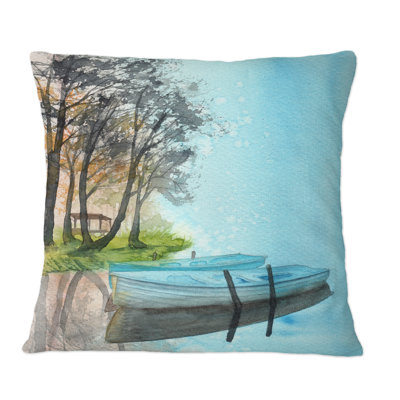 Two Blue Fisher Boats Near Green Coast With Trees Throw Pillow -  Design Art, CU39180-18-18