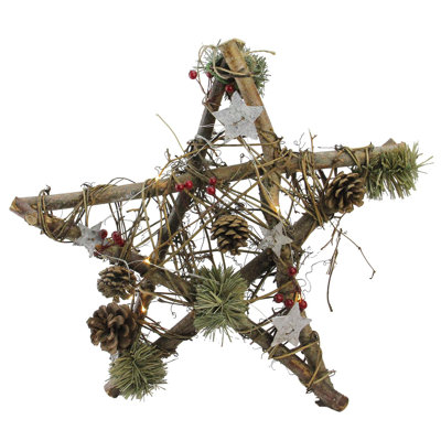 Ornement de Noël étoile brune et verte 15,75 po avec brindilles rustiques
