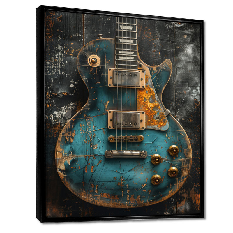  «Green Guitar Goddess Portrait - Music Jazz, reproduction d'art murale, Cadre flottant noir, bois massif