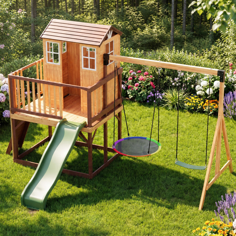 Maisonnette extérieure pour enfants, ensemble de balançoire en bois de cèdre avec glissade, mur d'escalade, bac à sable et cuisine de jeu, aire de jeu pour enfants tout-en-un pour la cour