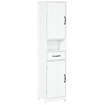 Armoire à linge de salle de bain - grande et mince avec tablette ouverte, tiroir, portes encastrées et tablettes réglables, blanc