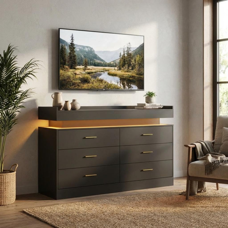 Meuble télé 31,5 po à 6 tiroirs, Noir