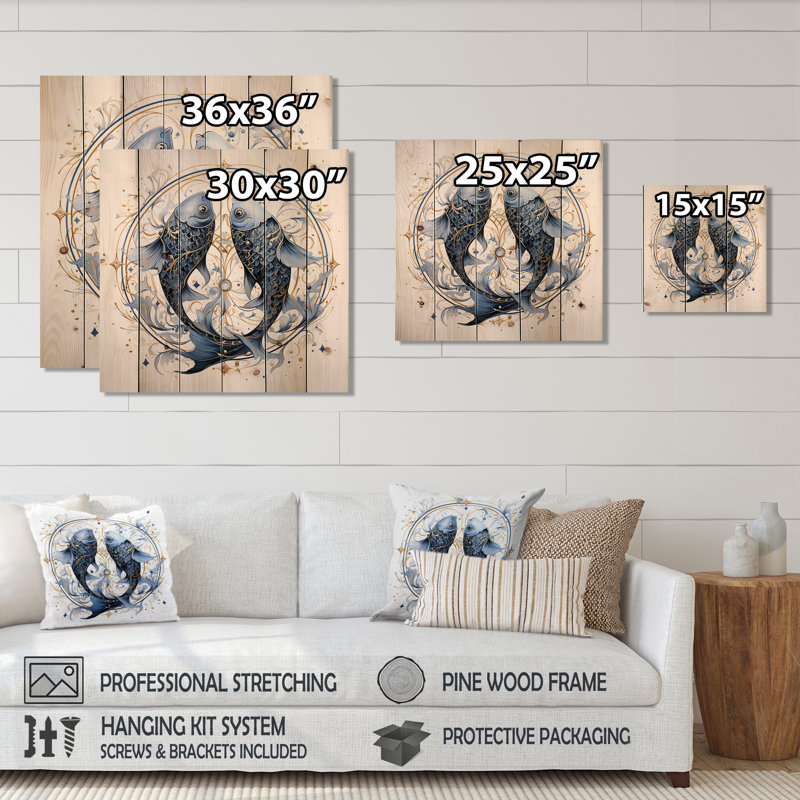 Art mural en bois Zodiac Pisces, impression de décor d'astrologie - signe du zodiaque Pisces, H 35 po x l 35 po x P 0,78 po