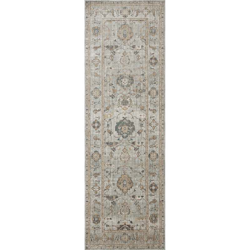 Sky & Gold Floral Washable Wool-Blend 3'6" x 5'6" Rectangular Rug