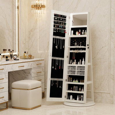 360° Rotating Full-length Lighted Mirror Jewelry Armoire, Lockable Jewelry Storage Cabinet With Makeup Shelves